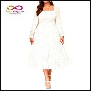 Plus Size Chiffon Midi Dress Off Shoulder Square Neck Smocked Bust